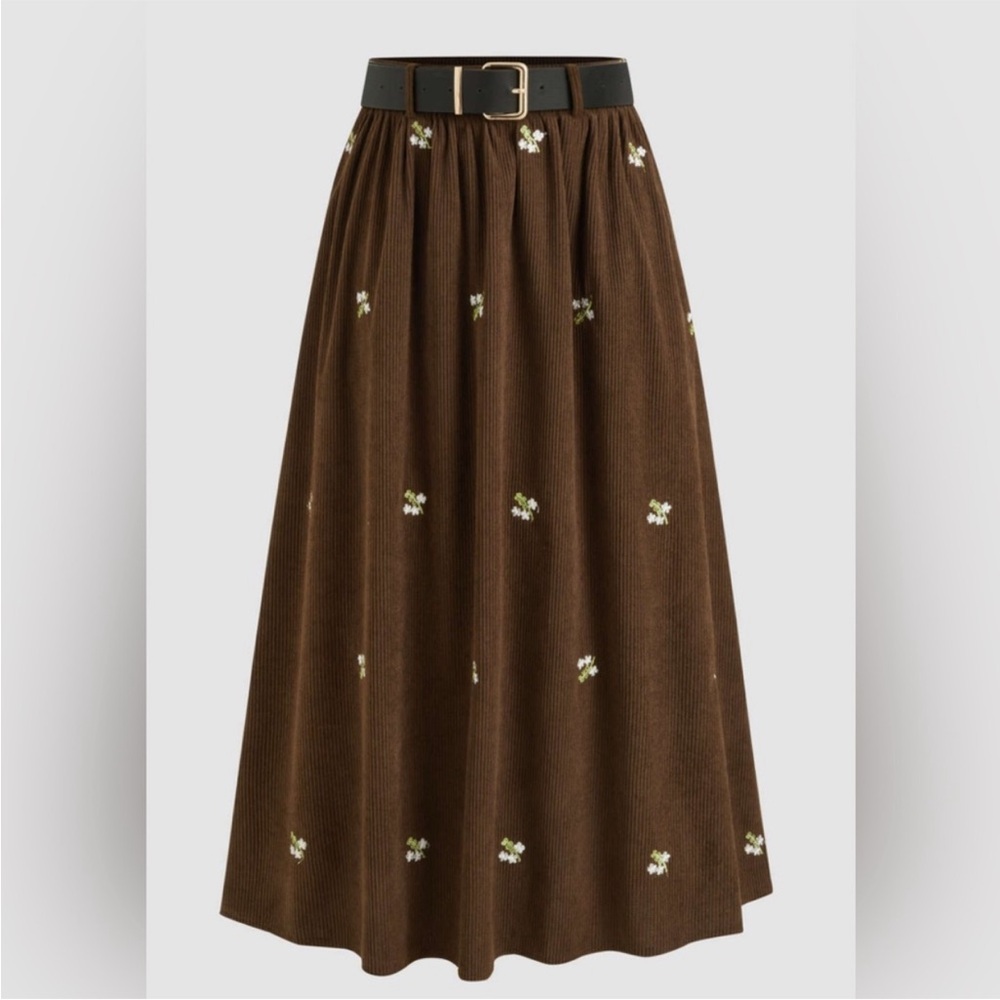 Cider Brown Floral Corduroy Midi Plus Size Skirt Belt Vintage 0XL